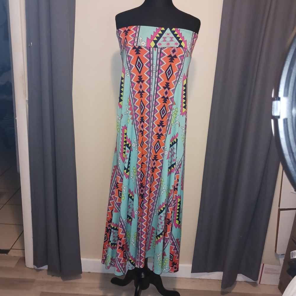 HERSHE Boho Tribal Aztec Bohemian Strapless Maxi‎ Dress Foldover Skirt Xl
